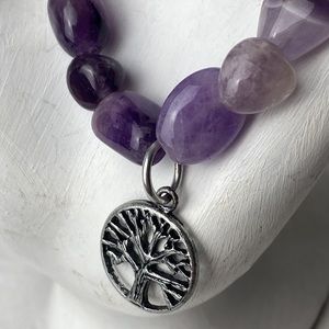 Marbled Amethyst rolled natural stone bracelet with tree of life silver tone